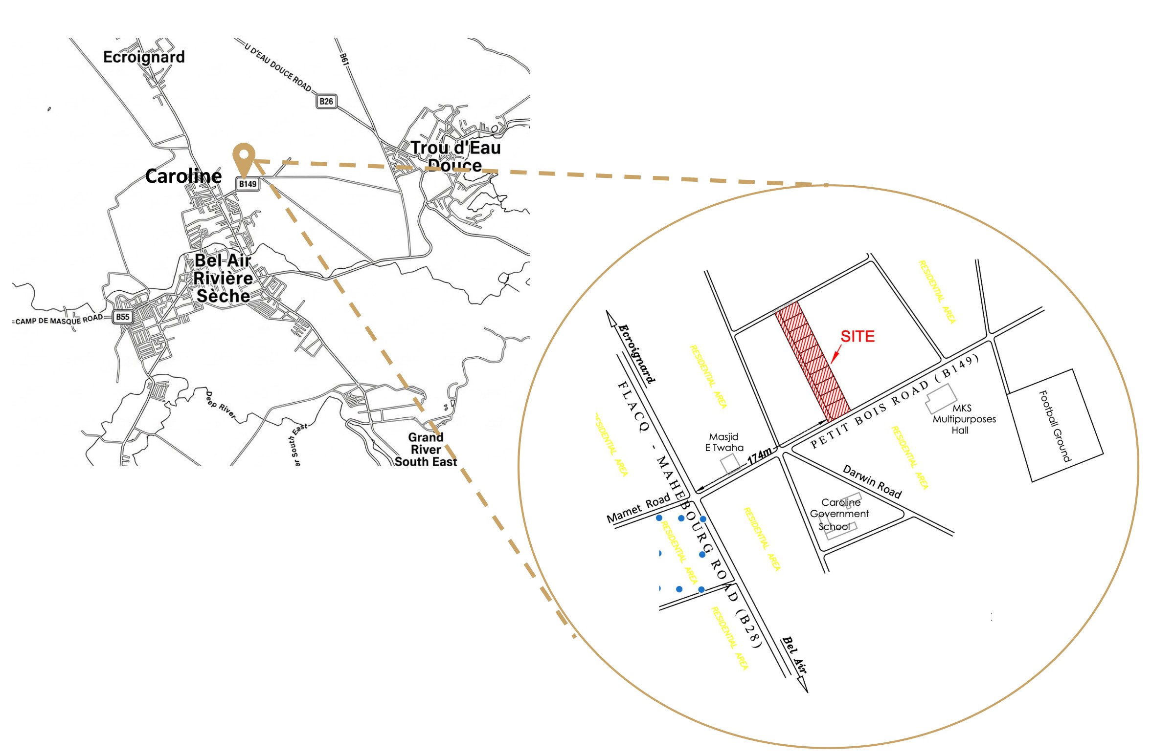 Location plan — the site on Petit Bois Road (B149), 174 metres from the Flacq–Mahébourg Road (B28) junction, near Masjid E Twaha, Caroline Government School and the MKS Multipurpose Hall