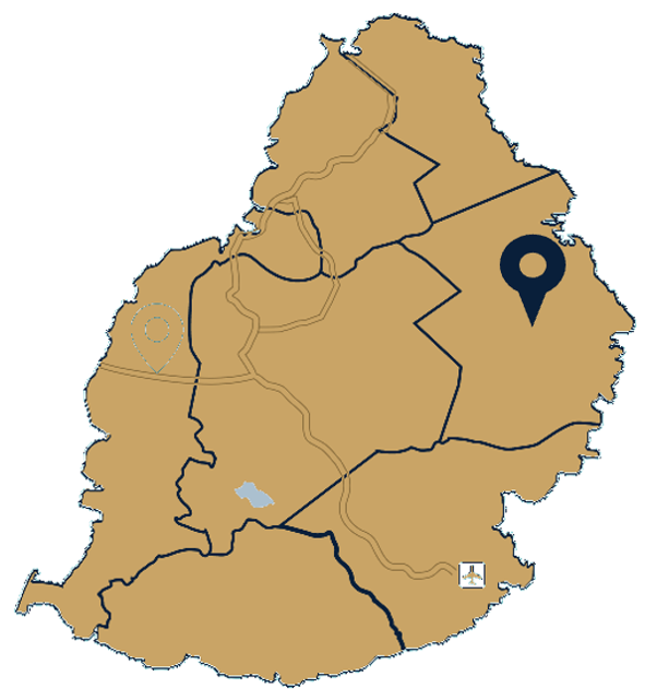 Map of Mauritius with the site marked in the Flacq district, on the east coast of the island
