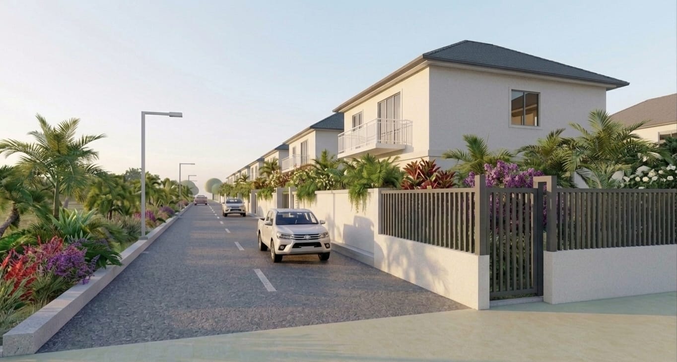 Artist's impression of the entrance to Résidence Petit Bois from Petit Bois Road, with the 5-metre tarred internal road leading to all ten lots